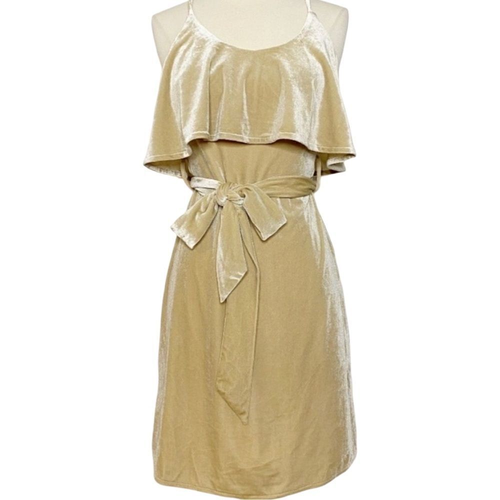 Darling Anthropologie Elliatt Beige Velvet Ruffle Belted Cocktail Dress